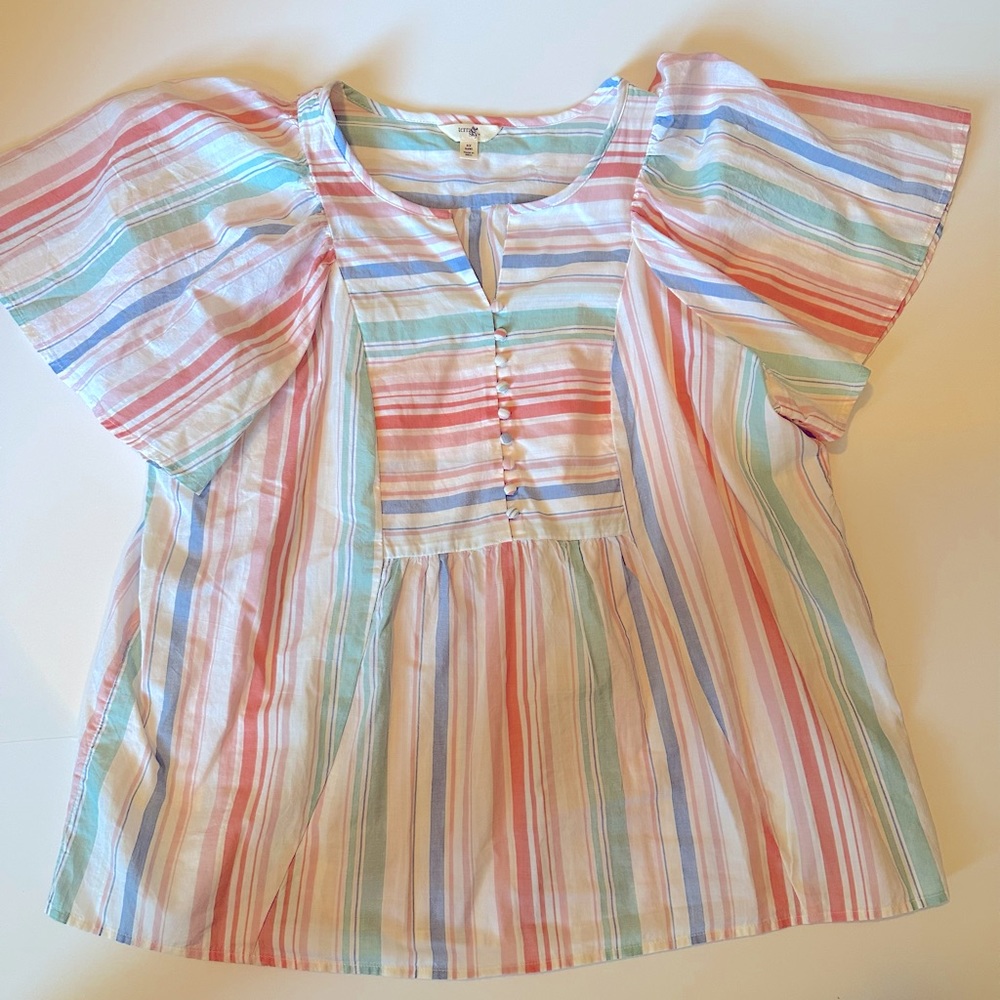 Terra&Sky‎ 0X striped flutter sleeve shirt
